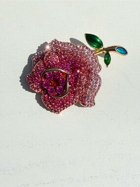 Crystal Pink Rose Brooch Pin with Green Enamel Leaves